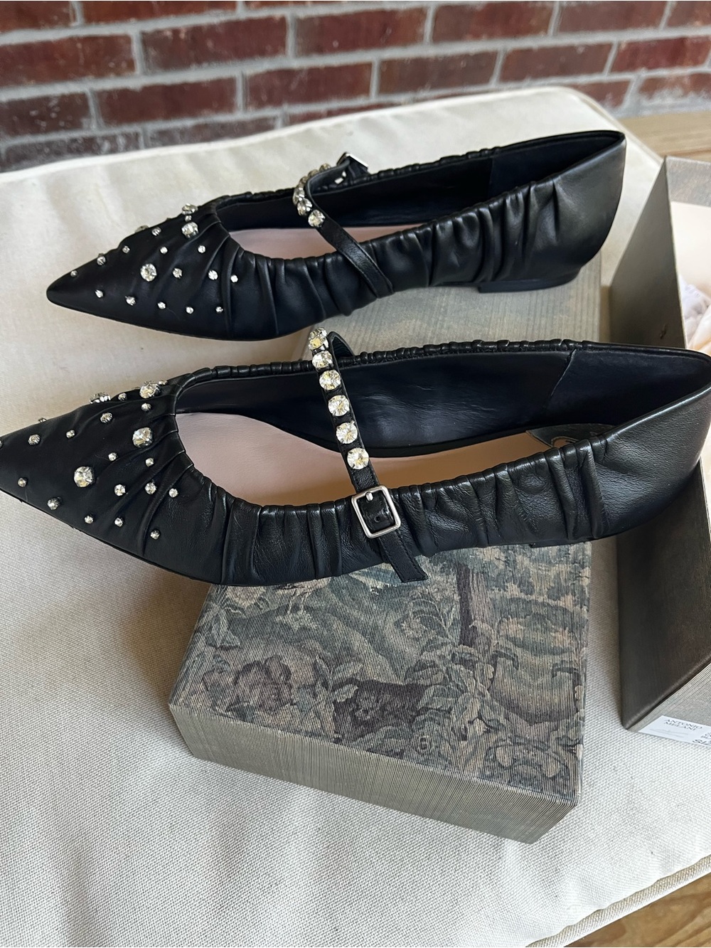 ANTONIO MELANI (Jennifer Sumko) Black Crystal-Studded Pointed Mary Jane Flats